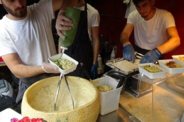 Italian Street Food: Hand Rolled Pasta Fettuccine Alfredo by Cheese Wheel, Camden Lock Market London