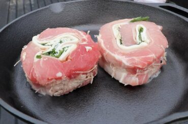 cooking italian pork pinwheel outdoors