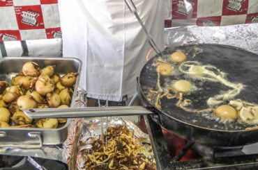 Italy Street Food. Huge Mix of Fried Food, Sausages, Meat and Seafood
