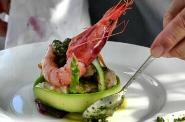 Italian Food Recipes. Mixed Fish, Shrimps and Vegetables with "Cappon Magro" Sauce from Liguria