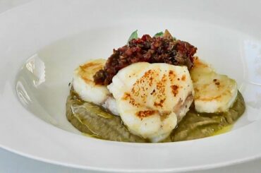 Italian Food Recipes. Monkfish with Cream of Eggplant and Tapenade