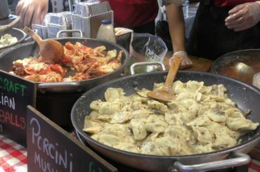 London Street Food. Italian Pasta, Meatballs, Mushrooms Tomato and Pesto Sauces Seen in Brick Lane