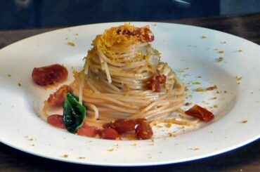 Italian Food Recipes. Light Spaghetti with Cherry Tomatoes, Bottarga and Lemon Peel