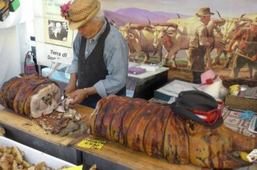Italy Street Food. Hand-Cut Cold Cuts, Pork Belly Roll, Salami, Raw Ham and More