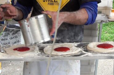 Preparing and Cooking Fried Pizza. Italian Street Food
