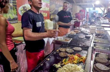 Italy Street Food. Big Load of Burgers and Sausage Sandwiches
