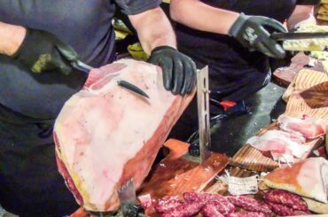 Hand Cut Italian Ham and Cheeses. Yummy Flat Bread Sandwich. Street Food in Milan