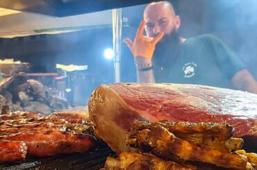 Irish Street Food. Roasting Blocks of Angus Meat on Huge Grills