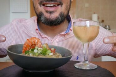 ASMR Eating Sounds – Risotto with Shrimp + Riesling Wine