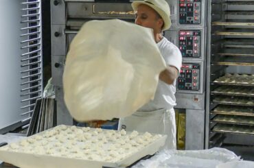 Italy Street Food. Melted Cheese over Flat Bread. Focaccia di Recco Step by Step