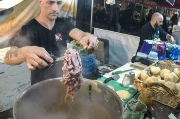 Italy Street Food. Fast Cutting Skills of Pork Porchetta and Lampredotto for Sandwiches
