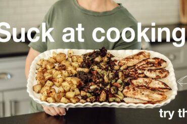 Beginner Gourmet: Grilled Chicken, Bacon Balsamic Brussel Sprouts, and Roasted Gold Potatoes