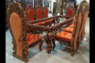 #114 Dining Table Set 10 seater Copper Deco Both Sides Carved Design by Aarsun wooden dining set