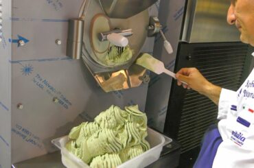 Automatic Machinery Produces Italian "GELATO" Ice Cream, Full Process. Italian Street Food Fair