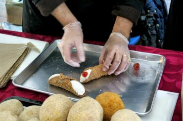 London Street Food from Sicily, Italy. Preparing Fried Rice Arancini and Sicilian Cannoli