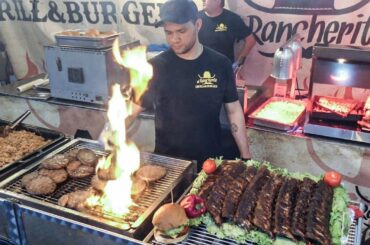 Grilling Huge Burgers. Italy Street Food from Mexico