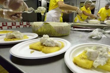 Italy Street Food. Yummy Blue Cheese over Fried Corn Polenta