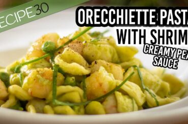 Orecchiette with shrimp and peas in a creamy sauce