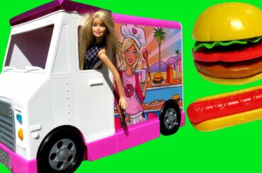 FOOD Truck ! ELSA & ANNA toddlers & Barbie - KETCHUP everywhere - Hotdogs Burgers Pizza Sandwich