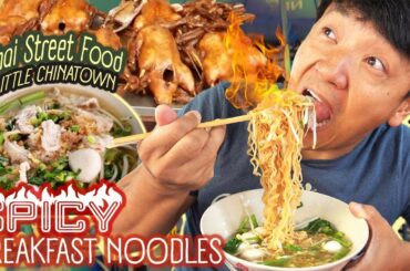 SPICY BREAKFAST NOODLES & Thai Street Food in LITTLE CHINATOWN in Bangkok Thailand