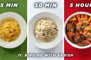 5 Min vs. 50 Min vs. 5 Hour Pasta (ft. Binging With Babish) • Tasty
