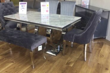 ARIANNA 1.6M GREY MARBLE TOP DINING TABLE WITH GREY KNOCKERBACK CHAIRS