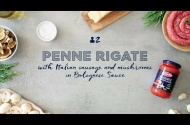 Penne Rigate with Italian Sausage and Mushrooms in Bolognese Sauce