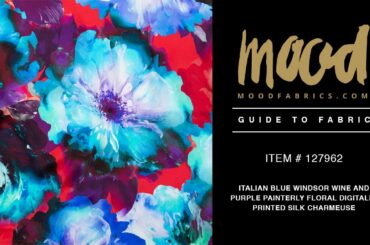 Mood Fabrics 127962 Italian Blue Windsor Wine and Purple Painterly Floral Silk Charmeuse