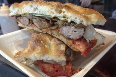 Italian Sausages in a Huge Focaccia Sandwich. London Street Food