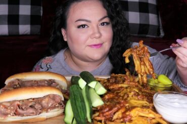 CHILI CHEESE FRIES & ITALIAN BEEF SANDWICHES MUKBANG | AngelaEats