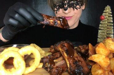 ASMR BBQ RIBS GRILLED | SPECIAL STEAKHOUSE PORK, ONION RINGS & FRENCH FREINS (Eating Sounds) Mukbang