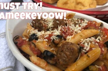 italian sausage with peppers, olives and pasta / lameekeyoow!