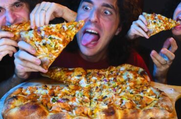 BUFFALO CHICKEN PIZZA + CRISPY FRIED CHICKEN SKIN * ASMR NO TALKING * | Nomnomsammieboy