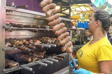 The Queen Of Roasted Meat Skewers. Brazil Street Food. Picahha, Churrasco, Sausages, Ribs