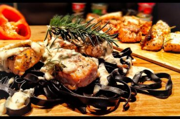 Squid Ink Pasta with White Wine Cream Sauce.