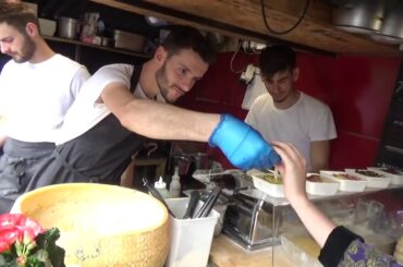 Italian Street Food- Hand Rolled Pasta Fettuccine Alfredo by Cheese Wheel, Camden Lock Market London