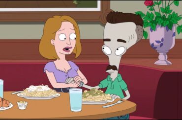 Roger from American Dad eating at an Italian restaurant.
