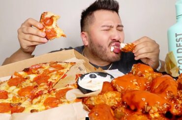 PIZZA + EXTRA HOT FIRE WINGS MUKBANG