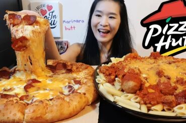 Pizza Hut Extra Cheesy Pepperoni Pizza & Beef Marinara Pasta + Chicken Meatballs - Mukbang w/ Asmr