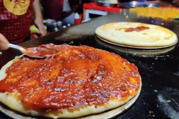 Amazing Cooking  Cheesiest Pizza Uttapam   Pizza without Maida   Indian Street Food#0032