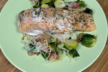 E5 Cook With Me:  Italian Cheesy Bacon Brussels Sprouts with Salmon