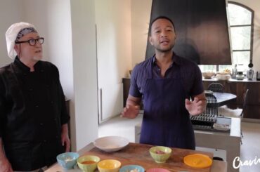 cooking class meatballs with Tuscan sauce cooked together with John Legend