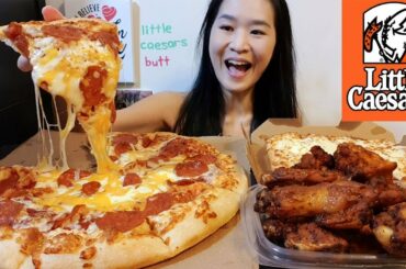 Little Caesars Extra Cheesy Classic Pepperoni Pizza, Italian Cheese Bread & Roasted Wings - Mukbang