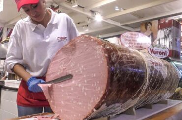 Italy Street Food. Biggest Mortadella in the World, Cheese, Ham, Salami, Piadine and More
