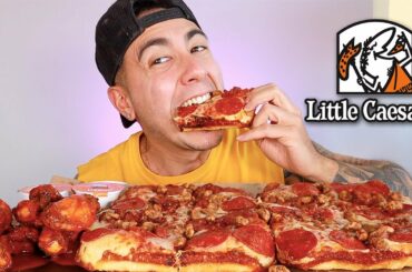EATING LITTLE CAESARS DEEP DISH PIZZA + WINGS *MUKBANG*