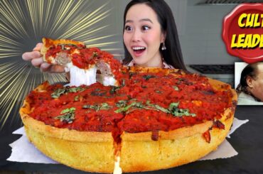 CHEESY CHICAGO DEEP DISH PIZZA with MEATBALLS MUKBANG