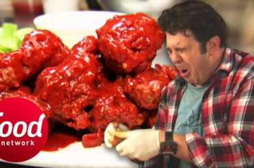 Adam Suffers To Eat 12 Jumbo Wings Dipped In A Sauce 400 X's Hotter Than Fresh Jalapeño | Man V Food