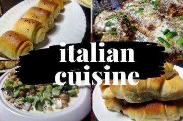 Friday dinner with Italian cuisine/chicken parmesan,pizza pot pie,garlic bread rolls and croissant