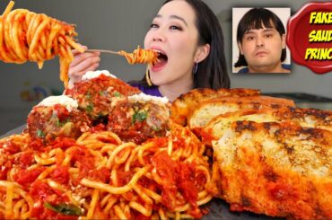 CHEESY SPAGHETTI + GIANT MEATBALLS with GARLIC BREAD PASTA MUKBANG