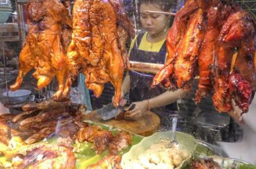 Chinese Street Food in Bangkok, Thailand. Jumbo Lobster, Crispy Pork, Duck, Prawn, Squid and More